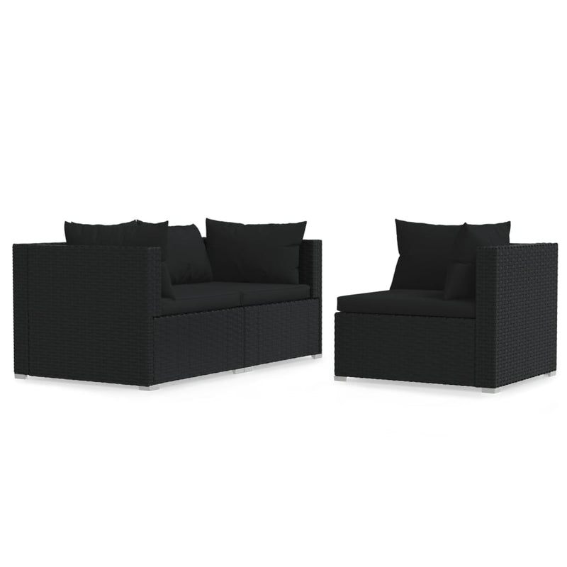 vidaXL 3 részes fekete polyrattan kerti ülőgarnitúra párnákkal