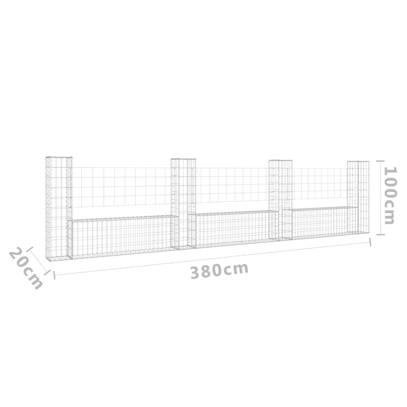 vidaXL U-alakú vas gabionkosár 4 oszloppal 380 x 20 x 100 cm