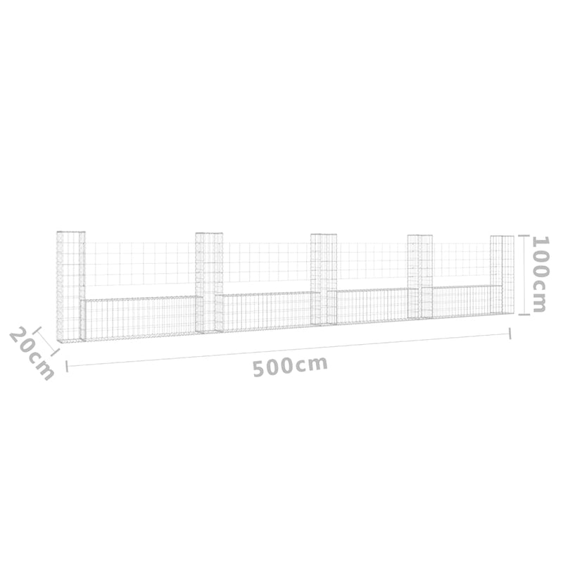 vidaXL U-alakú vas gabionkosár 5 oszloppal 500 x 20 x 100 cm