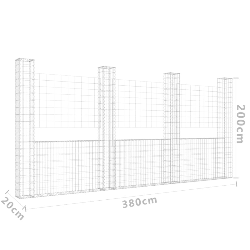 vidaXL U-alakú vas gabionkosár 4 oszloppal 380 x 20 x 200 cm