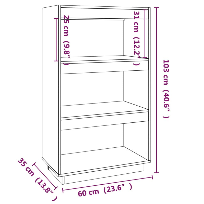 vidaXL fekete tömör fenyőfa könyvszekrény/térelválasztó 60x35x103 cm