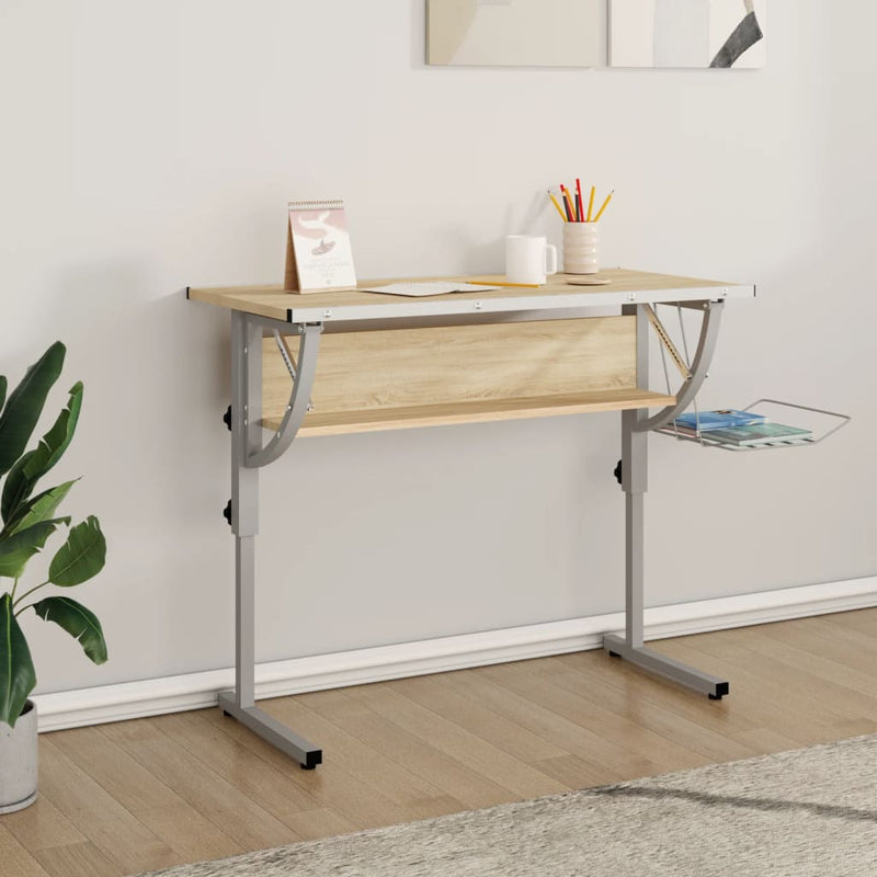 vidaXL sonoma-szürke szerelt fa és acél íróasztal 110x53x(58-87) cm