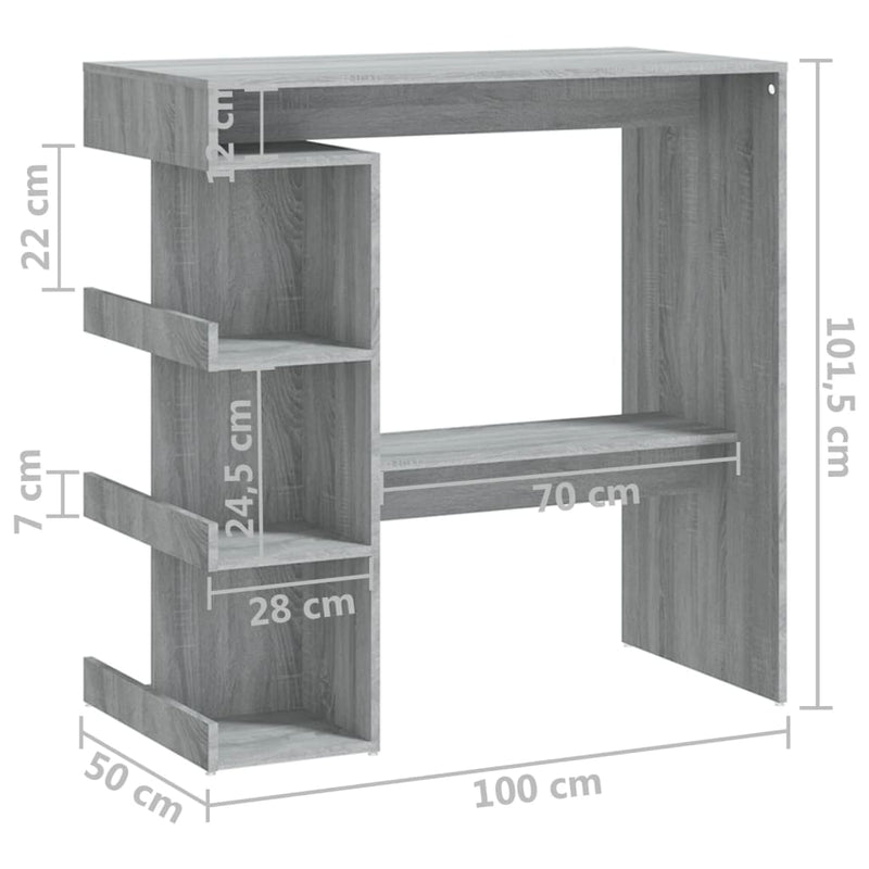 vidaXL szürke-sonoma színű bárasztal tárolópolccal 100 x 50 x 101,5 cm