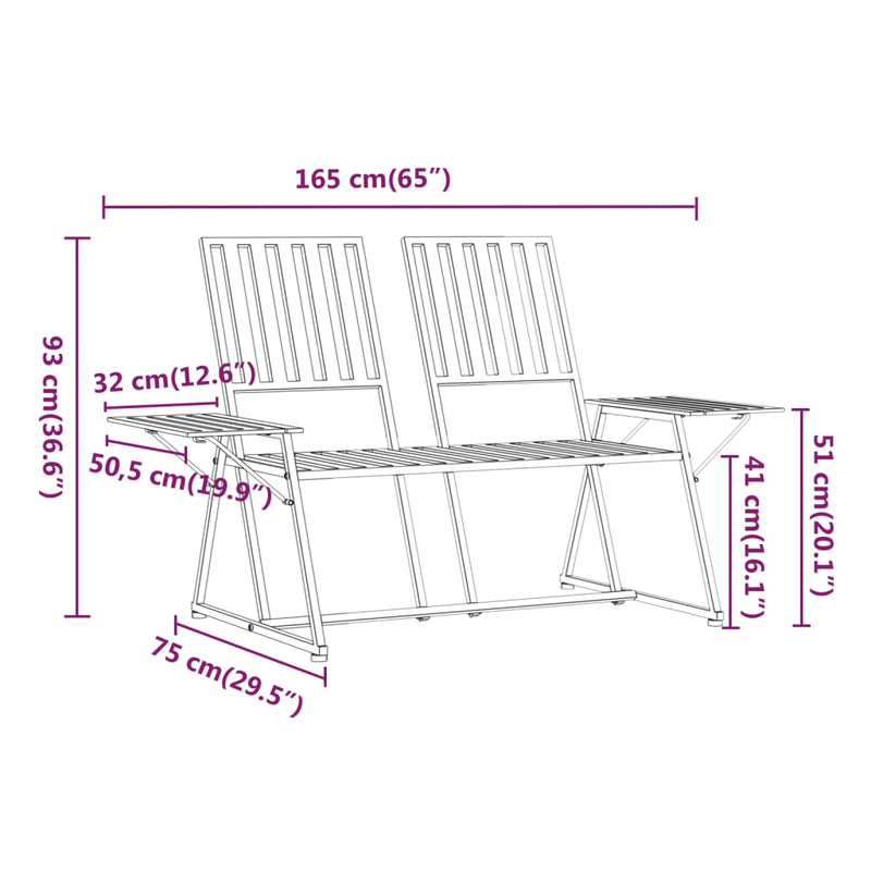 vidaXL kétszemélyes fekete acél kerti pad 165 cm