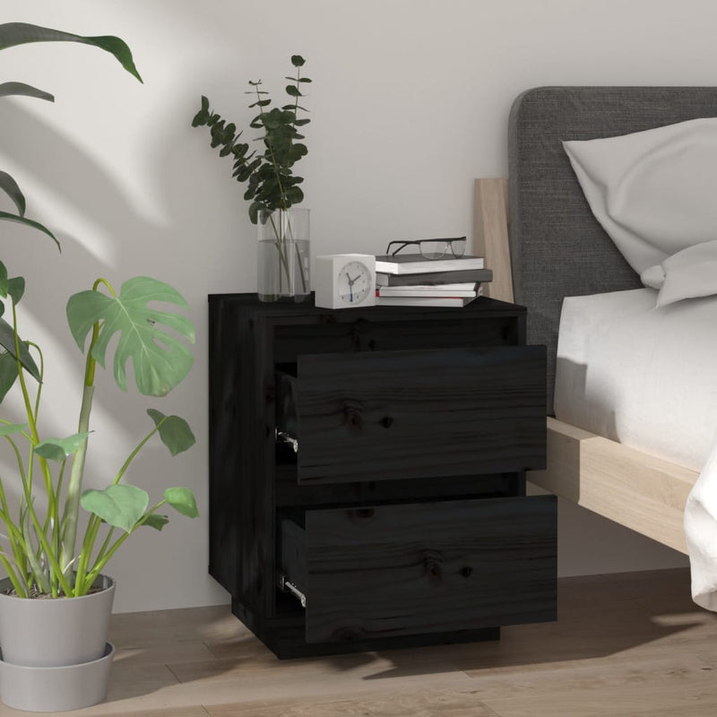 vidaXL 2 db fekete tömör fenyőfa éjjeliszekrény 40 x 35 x 50 cm
