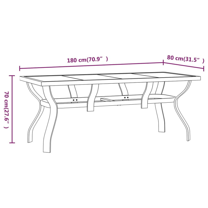 vidaXL barna és fekete acél és üveg kerti asztal 180 x 80 x 70 cm