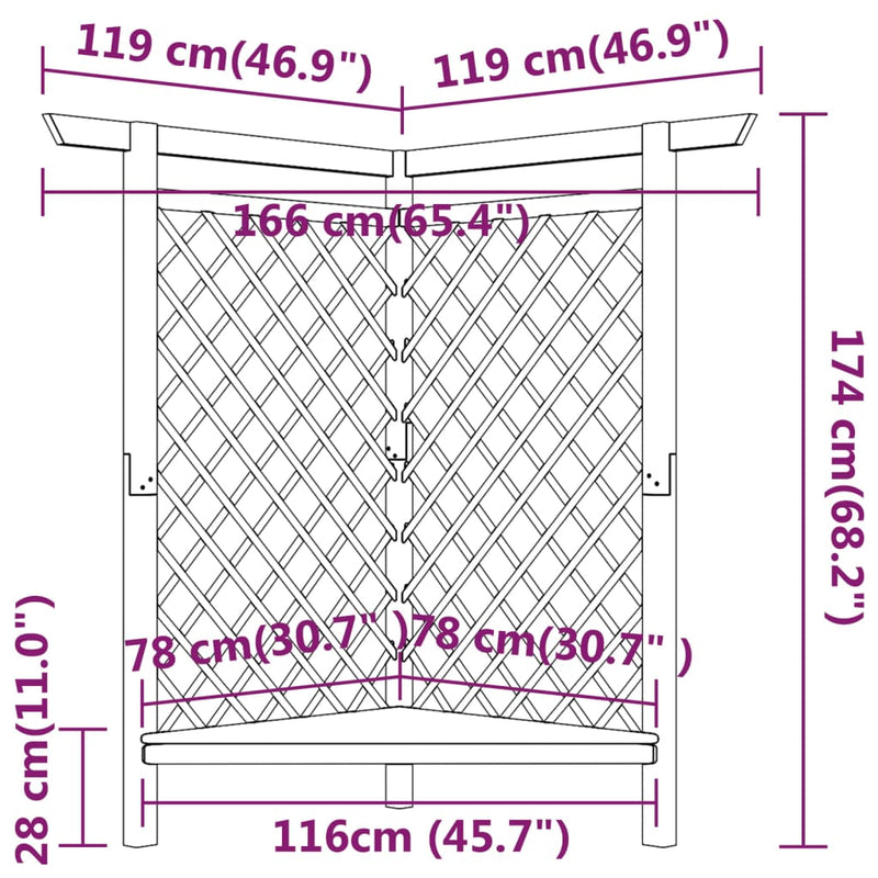 vidaXL impregnált fenyőfa sarokpergola paddal 166 x 81 x 174 cm