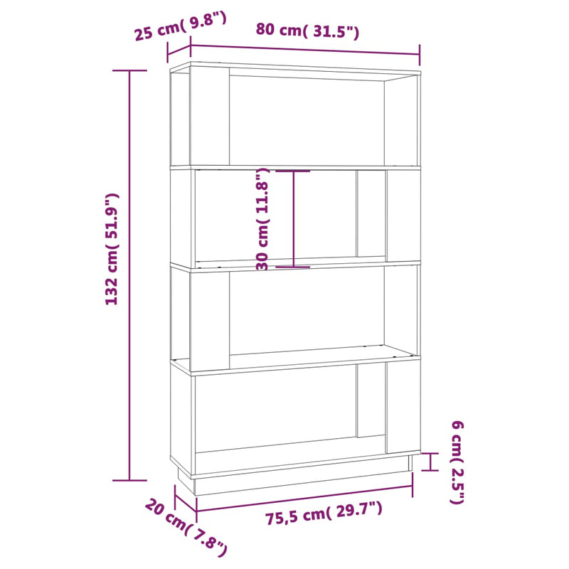 vidaXL fekete tömör fenyőfa könyvszekrény/térelválasztó 80x25x132 cm