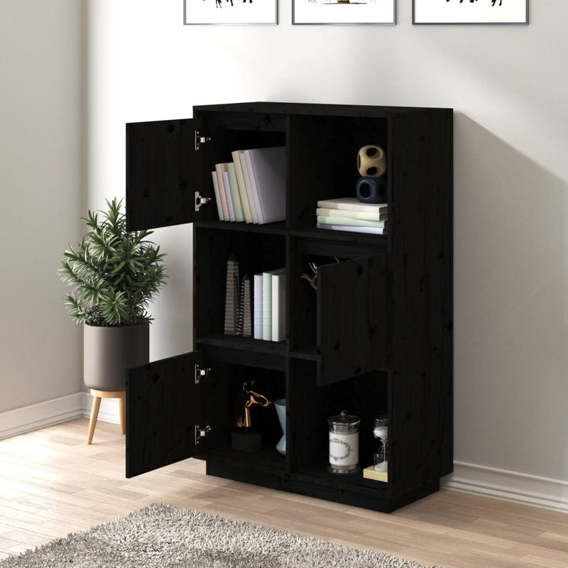 vidaXL fekete tömör fenyőfa magasszekrény 74x35x117 cm
