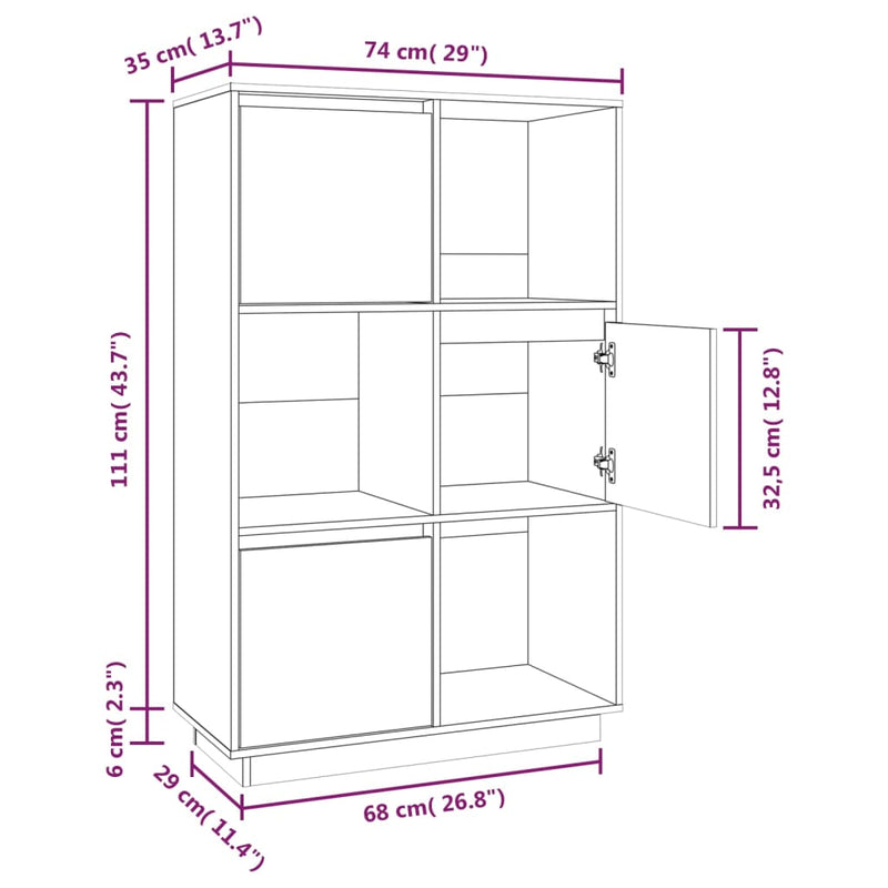 vidaXL fekete tömör fenyőfa magasszekrény 74x35x117 cm