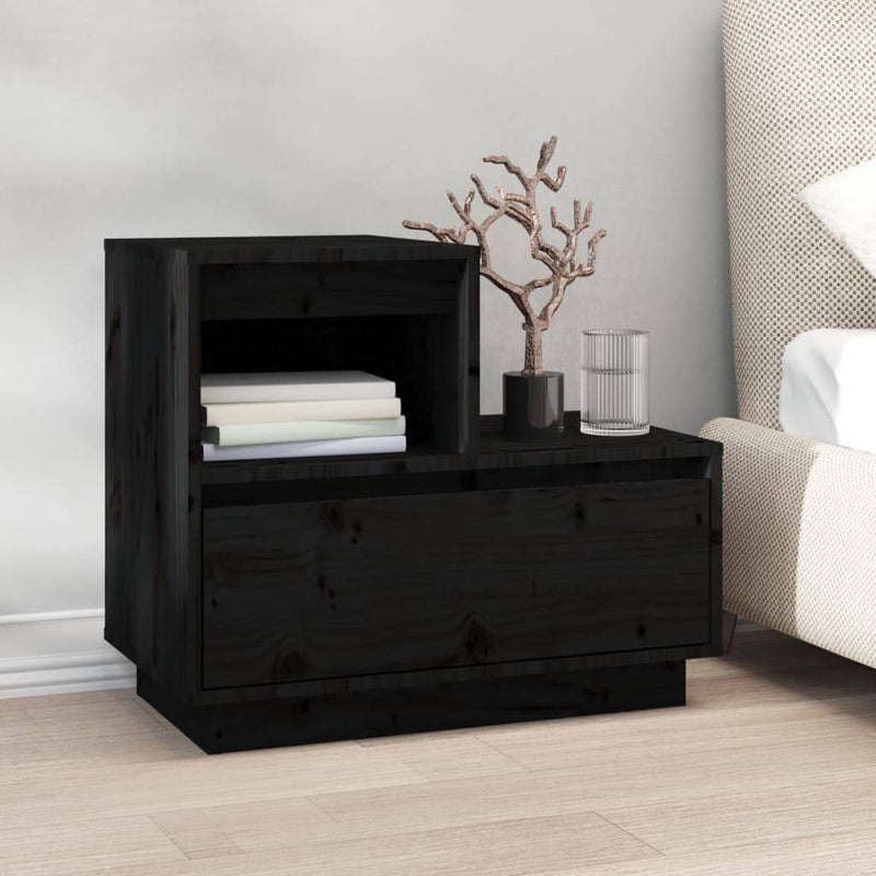 vidaXL 2 db fekete tömör fenyőfa éjjeliszekrény 60 x 34 x 51 cm