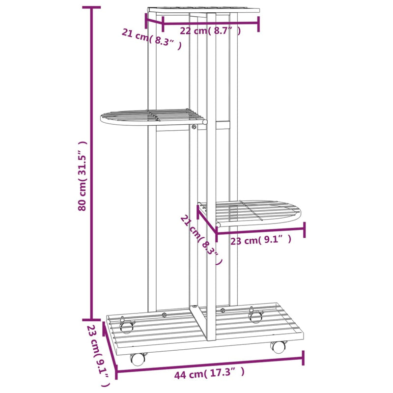 vidaXL 4 szintes fehér vas virágtartó állvány kerekekkel 44x23x80 cm