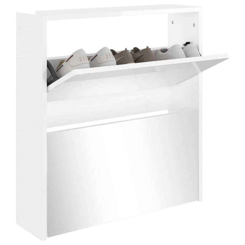 vidaXL magasfényű fehér 2 szintes cipőszekrény tükörrel 63 x 17 x 67cm