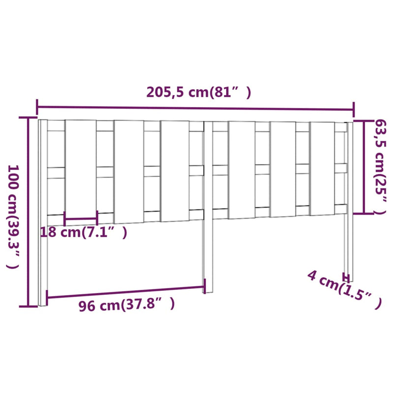 vidaXL fekete tömör fenyőfa ágyfejtámla 205,5 x 4 x 100 cm