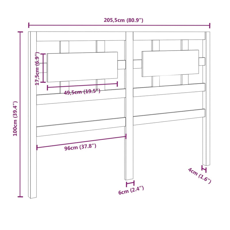 vidaXL fekete tömör fenyőfa ágyfejtámla 205,5 x 4 x 100 cm
