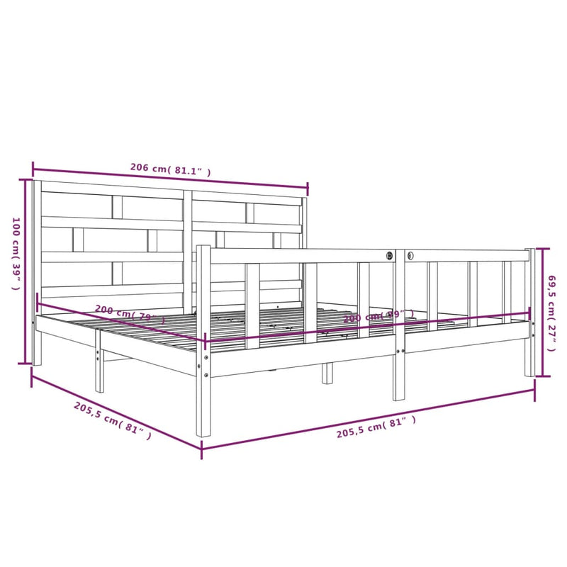 vidaXL fekete tömör fenyőfa ágykeret 200 x 200 cm