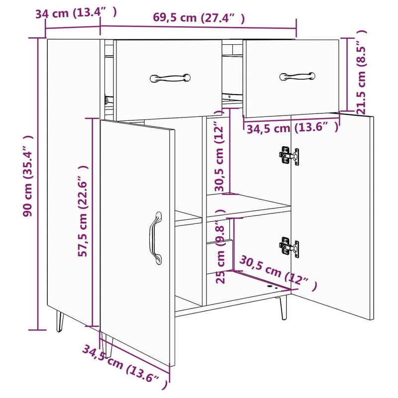 vidaXL betonszürke szerelt fa tálalószekrény 69,5 x 34 x 90 cm