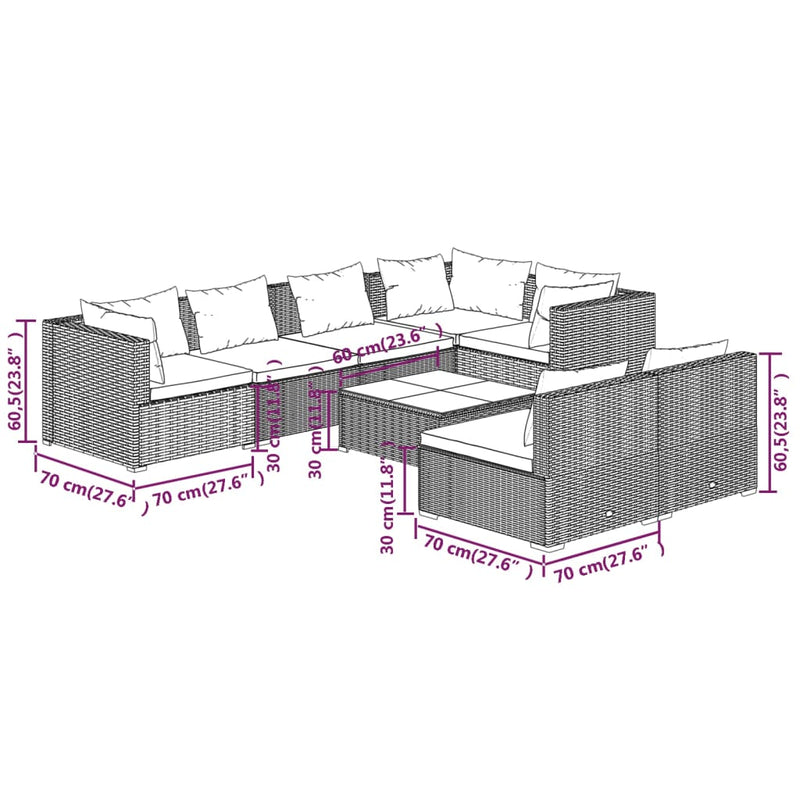 vidaXL 8 részes szürke polyrattan kerti ülőgarnitúra párnákkal