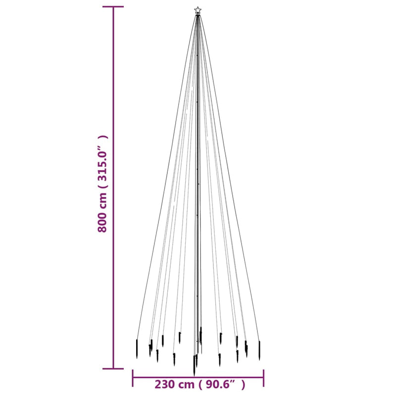 vidaXL karácsonyfa cövekkel 1134 színes LED-del 800 cm