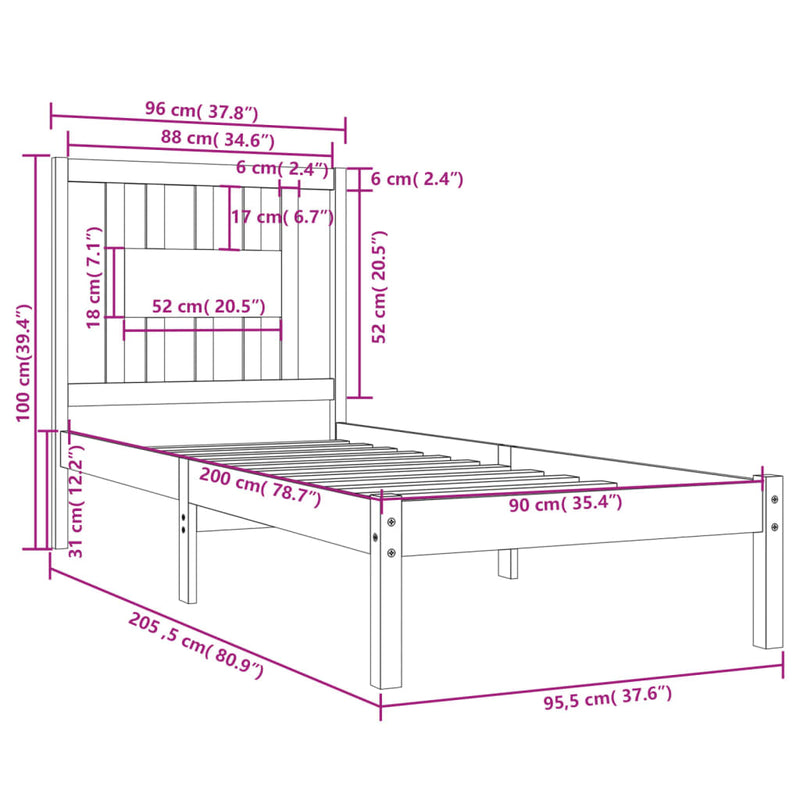 vidaXL fehér tömör fenyőfa ágykeret 90x200 cm