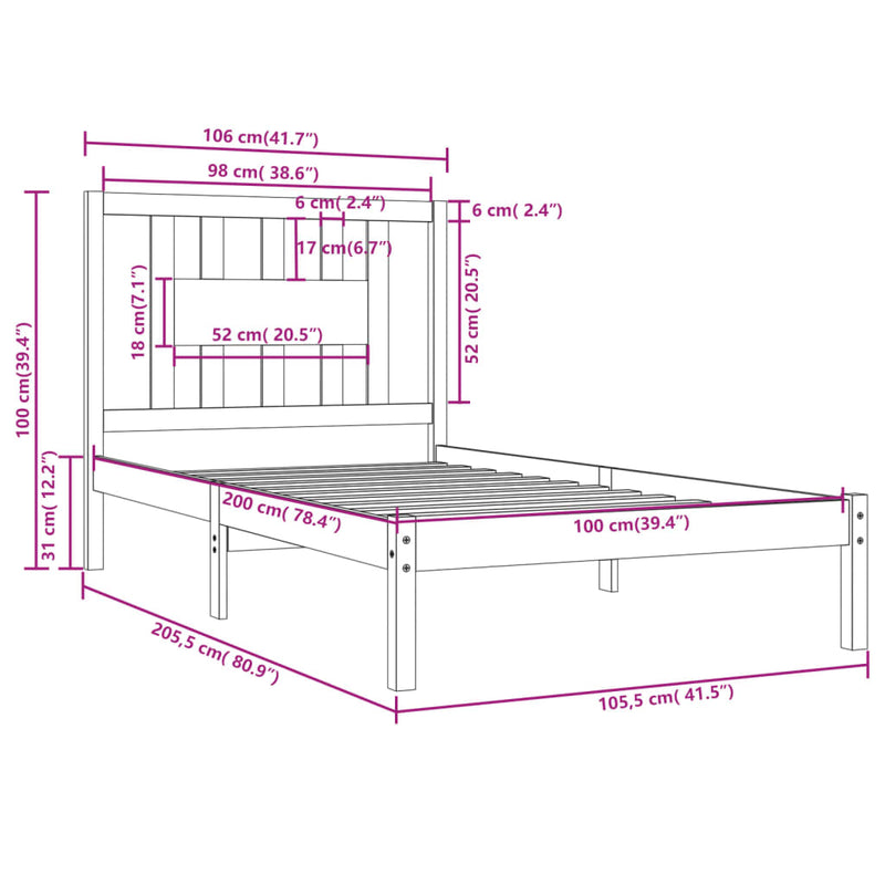 vidaXL fekete tömör fenyőfa ágykeret 100 x 200 cm