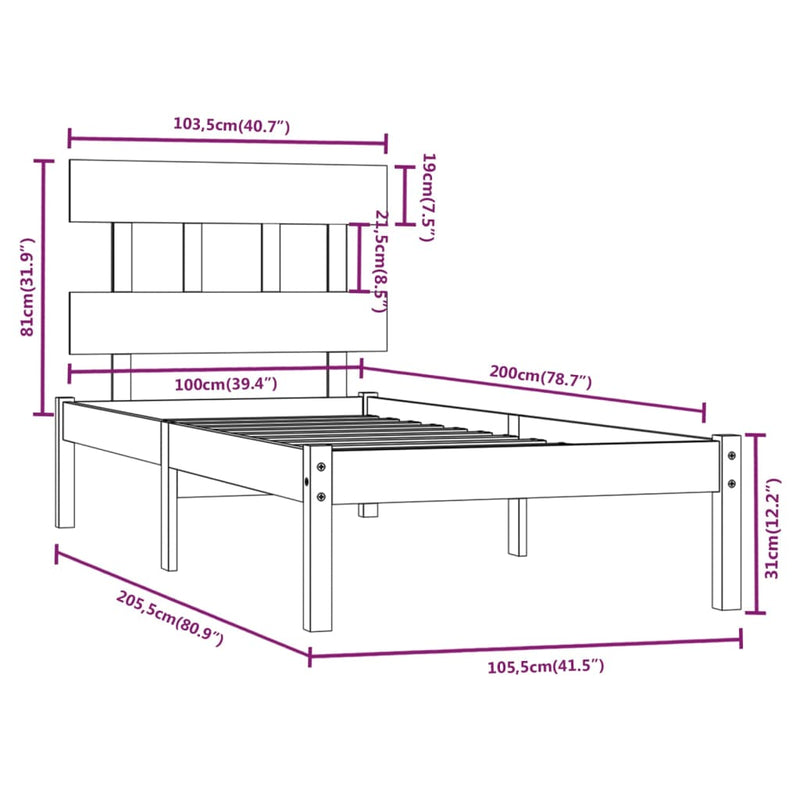 vidaXL fekete tömör fa ágykeret 100x200 cm