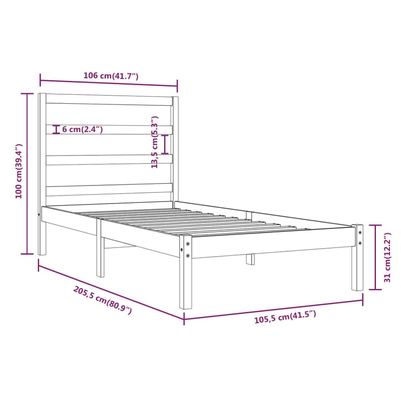 vidaXL fekete tömör fenyőfa ágykeret 100 x 200 cm