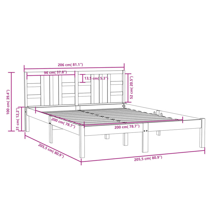 vidaXL fekete tömör fa ágykeret 200 x 200 cm