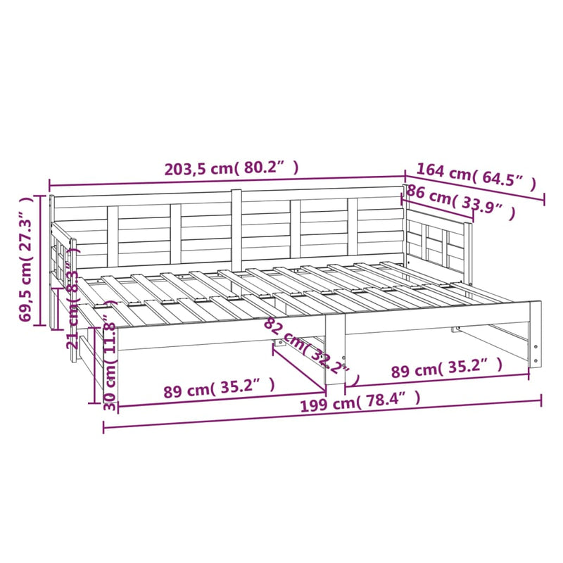 vidaXL fekete tömör fenyőfa kihúzható kanapéágy 2 x (80 x 200) cm