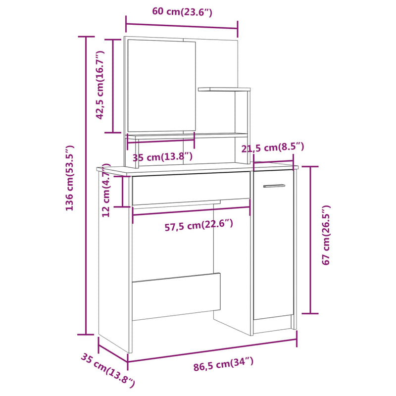 vidaXL fekete tükrös fésülködőasztal 86,5 x 35 x 136 cm