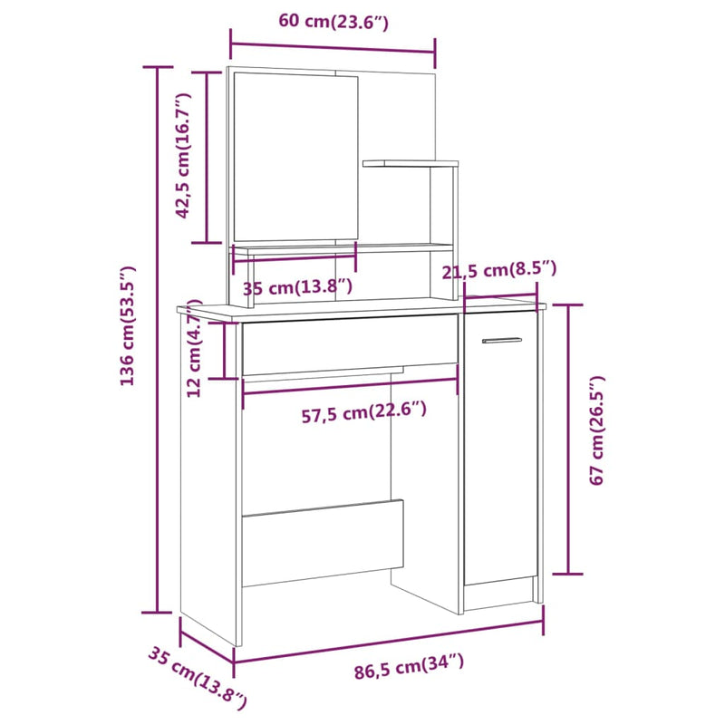 vidaXL sonoma tölgy színű fésülködőasztal tükörrel 86,5 x 35 x 136 cm