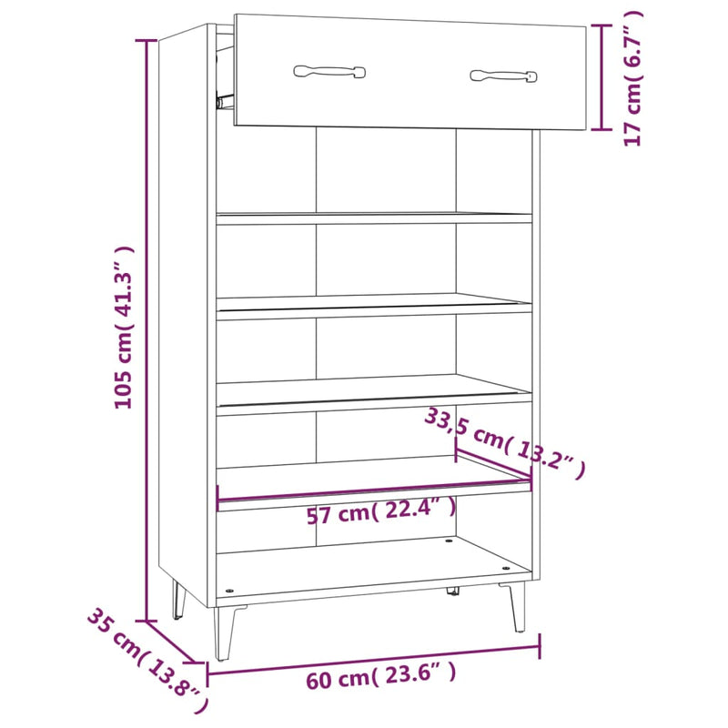 vidaXL fehér szerelt fa cipőszekrény 60 x 35 x 105 cm