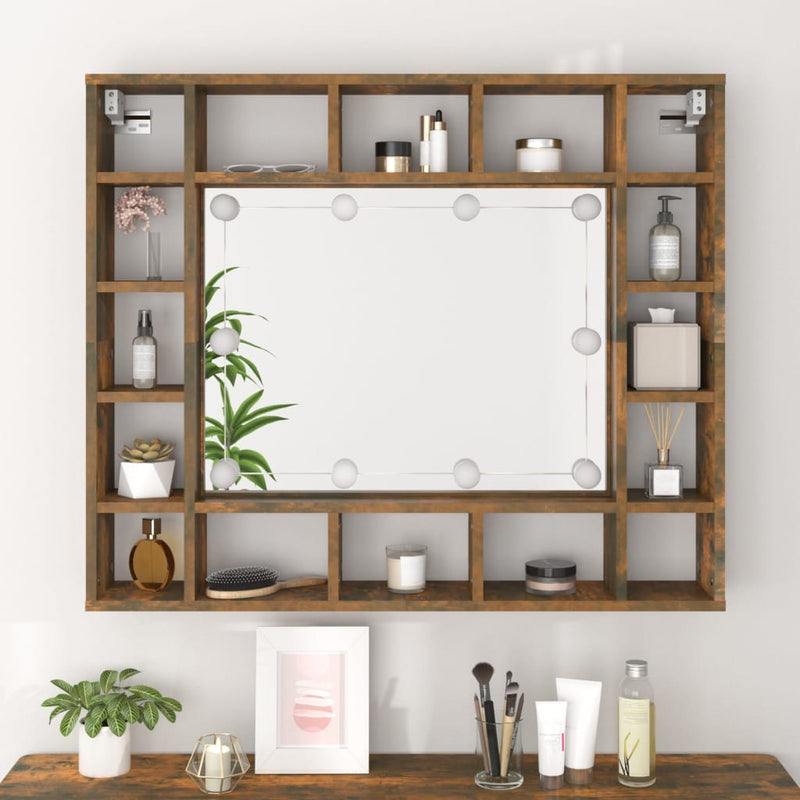 vidaXL füstös tölgy színű tükrös szekrény LED-ekkel 91 x 15 x 76,5 cm