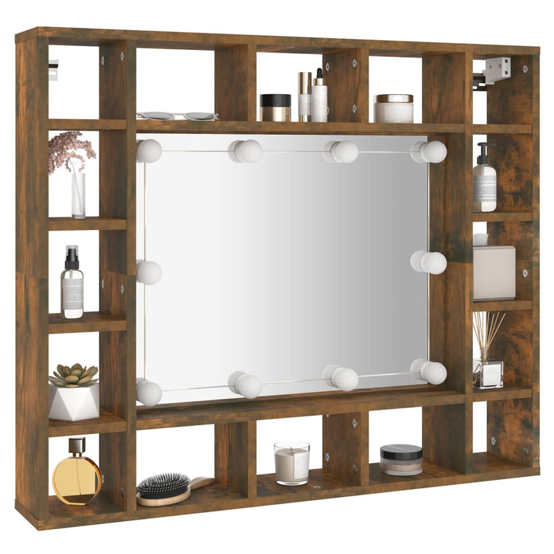 vidaXL füstös tölgy színű tükrös szekrény LED-ekkel 91 x 15 x 76,5 cm