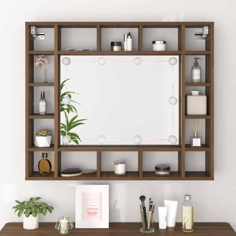 vidaXL barna tölgy színű tükrös szekrény LED-ekkel 91 x 15 x 76,5 cm
