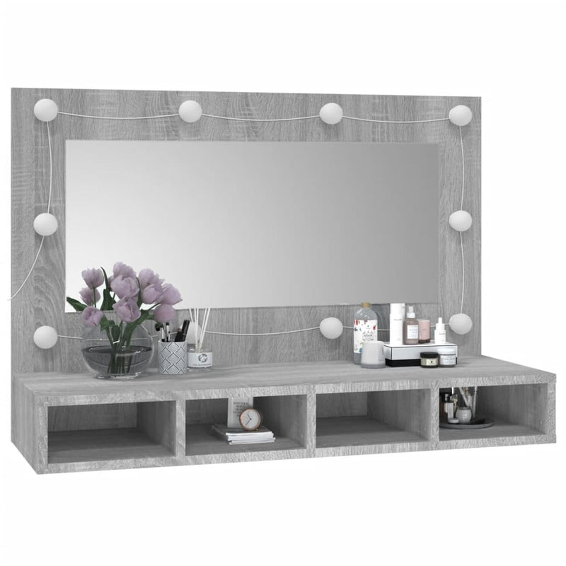 vidaXL szürke sonoma színű tükrös szekrény LED-ekkel 90 x 31,5 x 62 cm