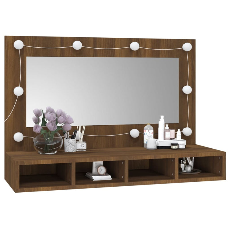 vidaXL barna tölgy színű tükrös szekrény LED-ekkel 90 x 31,5 x 62 cm