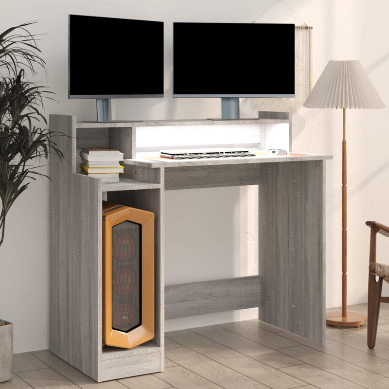 vidaXL szürke sonoma színű szerelt fa íróasztal LED-ekkel 97x45x90 cm