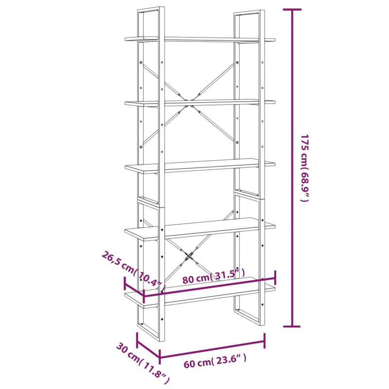 vidaXL 5 szintes szürke sonoma szerelt fa könyvszekrény 80x30x175 cm