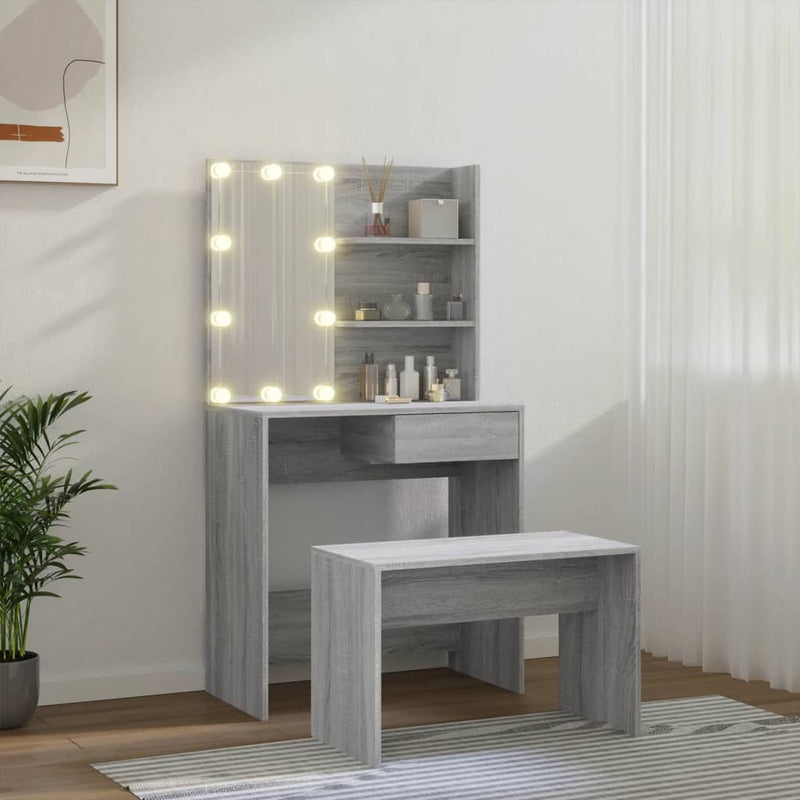 vidaXL szürke sonoma szerelt fa fésülködőasztal-szett LED-ekkel