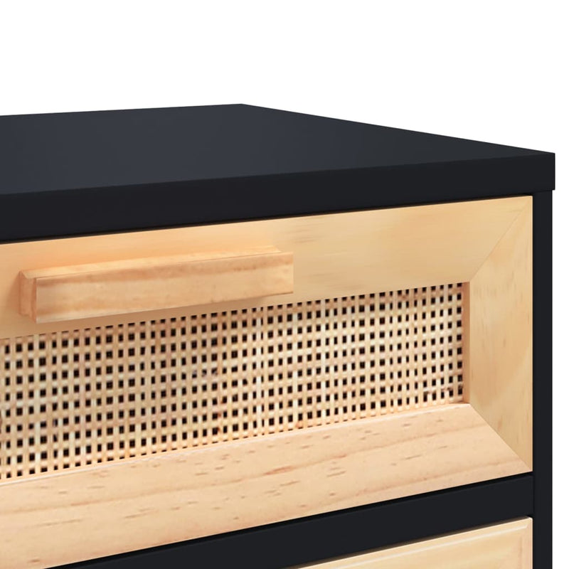 vidaXL 2 db fekete tömör fenyőfa és természetes rattan éjjeliszekrény