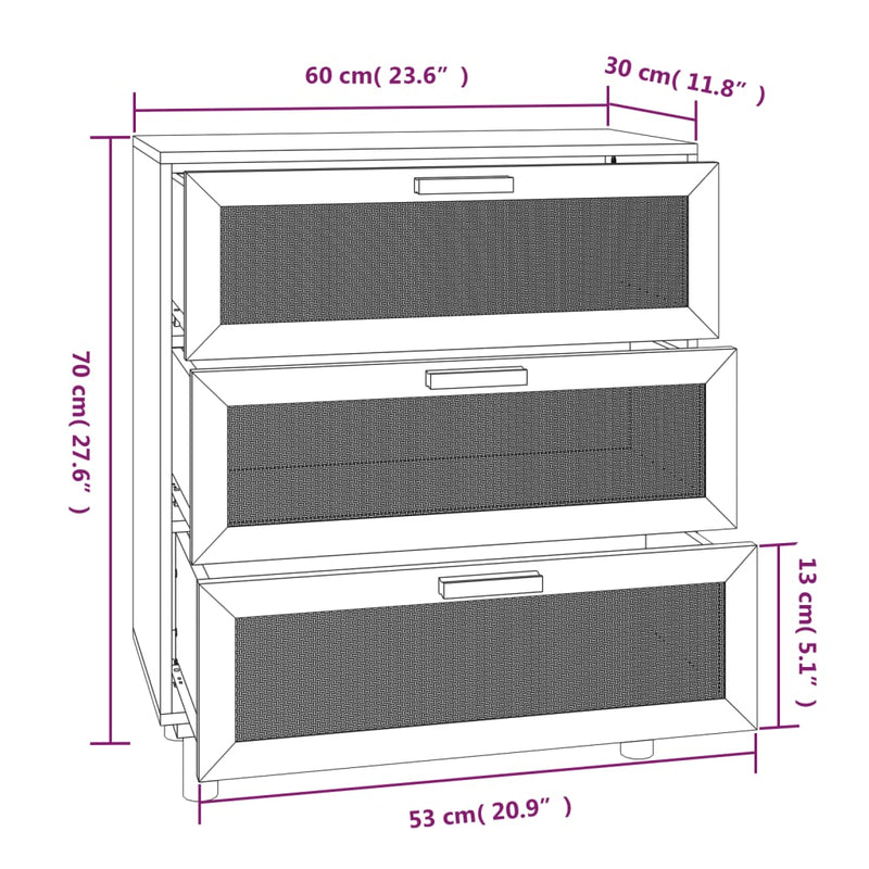 vidaXL fehér tömör fenyő/természetes rattan tálalószekrény 60x30x70 cm