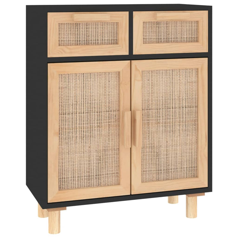 vidaXL fekete tömör fenyő/természetes rattan tálalószekrény 60x30x75cm