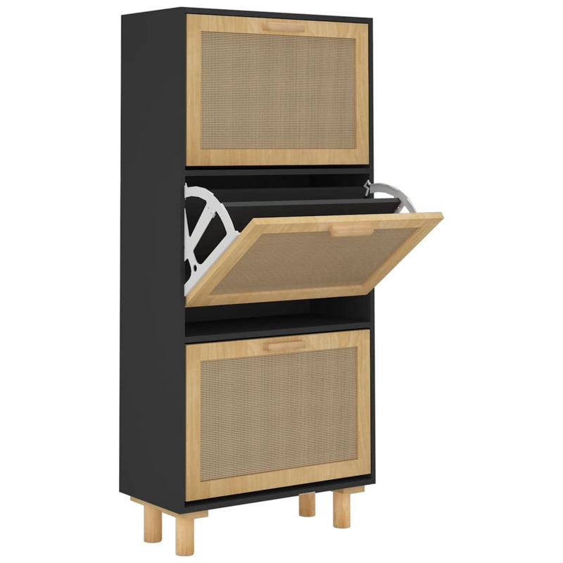 vidaXL fekete szerelt fa és természetes rattan cipőszekrény 52x25x80cm