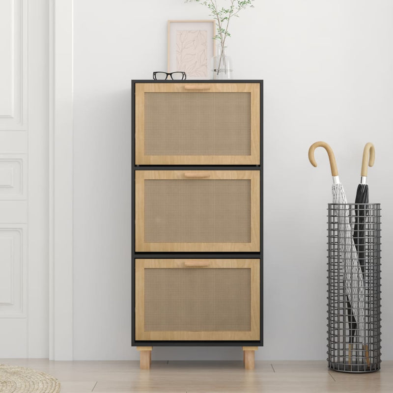 vidaXL fekete szerelt fa és természetes rattan cipőszekrény 52x25x80cm