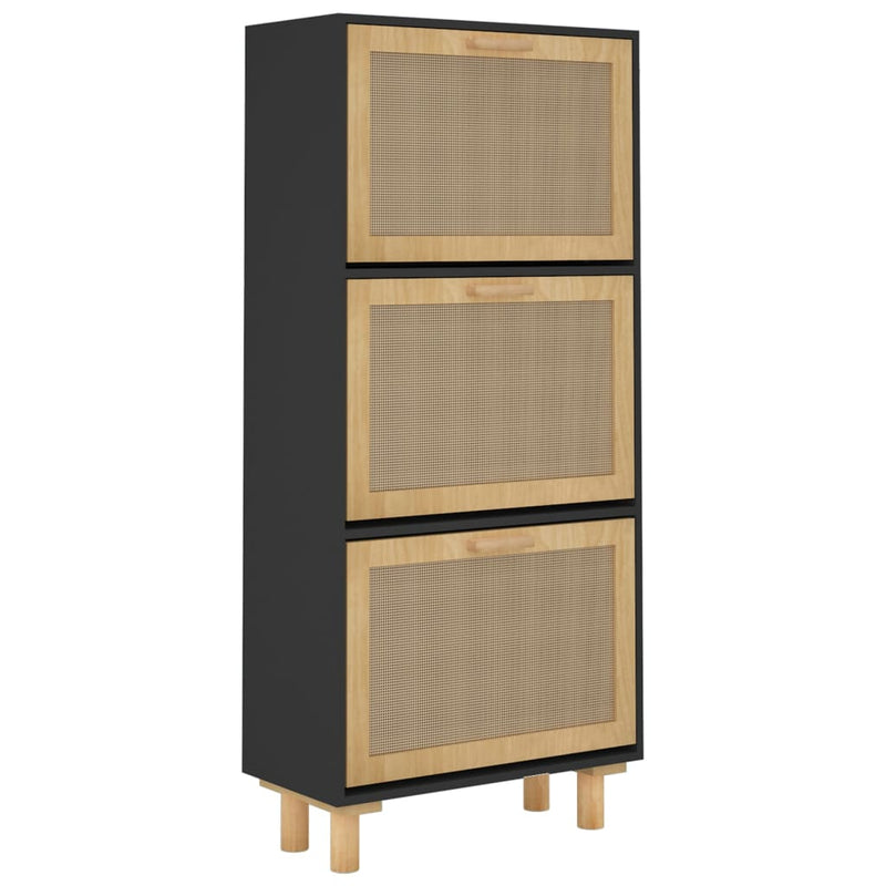 vidaXL fekete szerelt fa és természetes rattan cipőszekrény 52x25x80cm