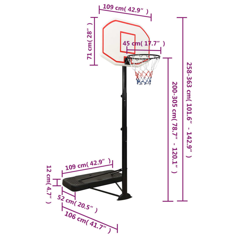 vidaXL fehér polietilén kosárlabda állvány 258-363 cm