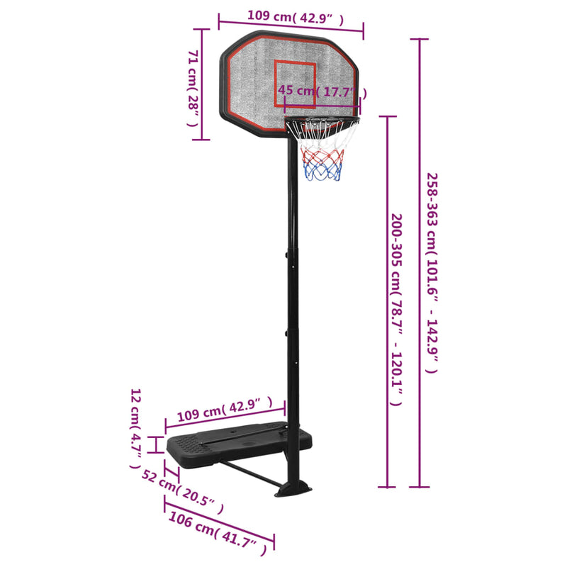 vidaXL fekete polietilén kosárlabda állvány 258-363 cm
