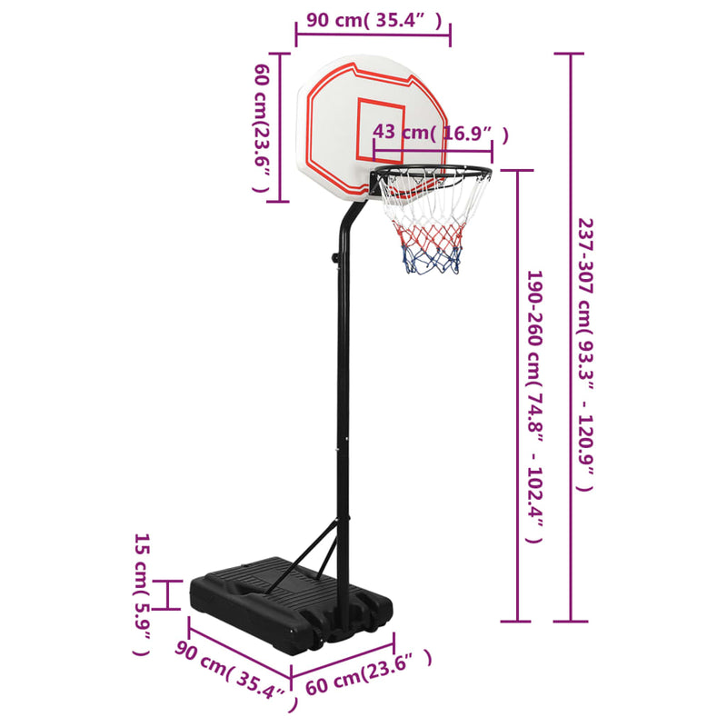 vidaXL fehér polietilén kosárlabda állvány 237-307 cm