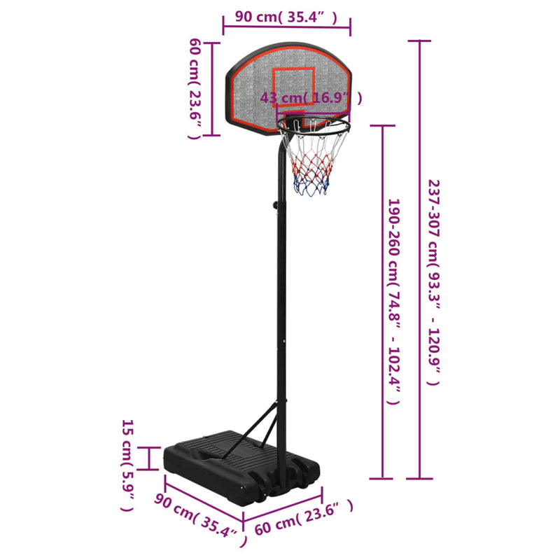 vidaXL fekete polietilén kosárlabda állvány 237-307 cm